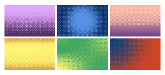 Colorful bitmap texture, abstract pattern halftone background vector set, glitch screen with flicker pixels effect 8 bit