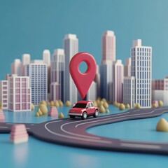 3D illustration of modern city buildings, roads, and a red pin marker with a car on a blue background