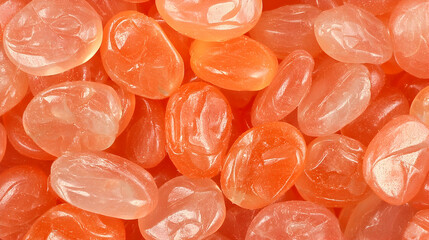 Close-up of many translucent orange candy stones, piled high, studio shot, background blurred, food photography