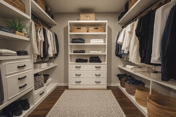 Serene White Monochromatic Walk-In Closet with Elegant Furnishings and Minimalist Design