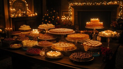 Festive Holiday Dessert Table with Cakes and Candles (1)