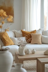  Minimalist home interior design of modern living room with a yellow sofa adorned with colorful cushions, wooden coffee table and minimalistic decor, bathed in natural light. 