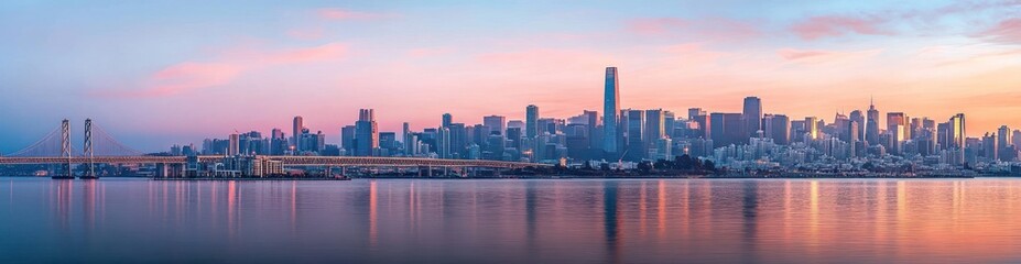 Fototapeta premium Stunning Panoramic View of San Francisco Skyline at Dawn with Bay Bridge and Reflections on Water