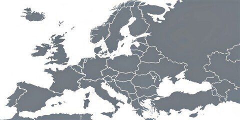 European Continent with Grey Map Background, Various Country Borders and Names