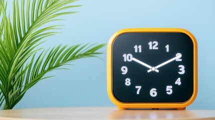Bright Orange Clock on Table with Green Plant and Blue Background