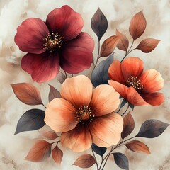 Seamless floral pattern with burgundy and gold flowers and leaves hand drawn for wallpaper and fabric design