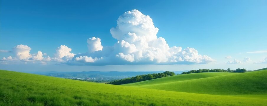 A majestic cumulus cloud towers high above the rolling hills and green meadows under the open sky, blue, countryside