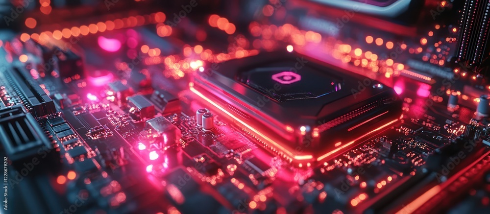 Poster close-up of illuminated computer motherboard components.