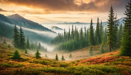 Misty landscpe with Fir Forest in Vintage style