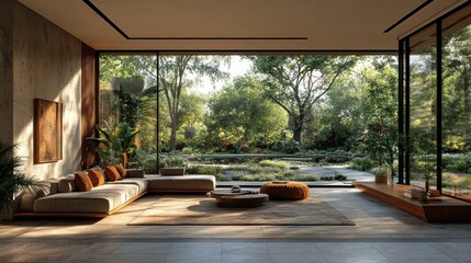 Fototapeta premium Serene Modern Living Room with Expansive Garden View
