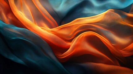 Obraz premium Warm light illuminates flowing orange teal silk fabric. AI Generated