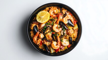 Delicious Seafood Paella in a Black Bowl
