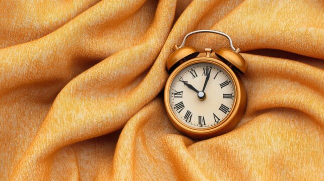 Classic Alarm Clock on Soft Orange Fabric Background with Texture