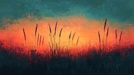 Silhouetted grasses sway gently in vibrant sunset light a warm nostalgic mood. AI Generated