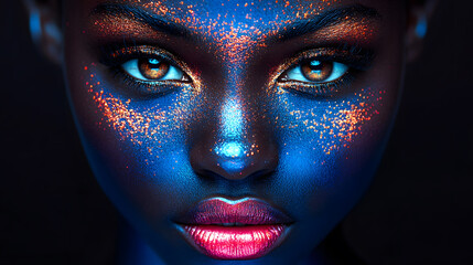 Vivid portrait of a person with striking blue and gold face paint, showcasing dramatic makeup and intense gaze against a dark background