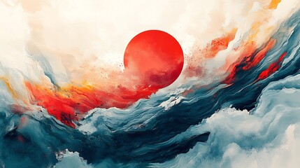 Abstract Red Sun Rising Over Dreamlike Ocean Waves. AI Generated