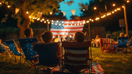 A family sitting on lawn chairs and blankets, watching a live outdoor concert featuring patriotic music in honor of Independence Day