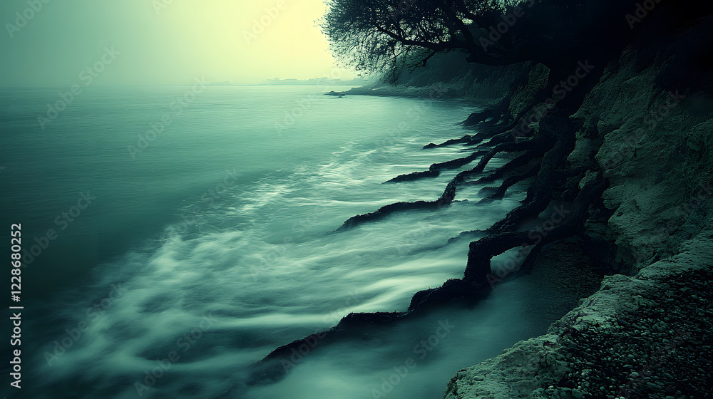 Poster misty shoreline with gentle waves and rocky edges, surrounded by trees, creating a serene and tranqu