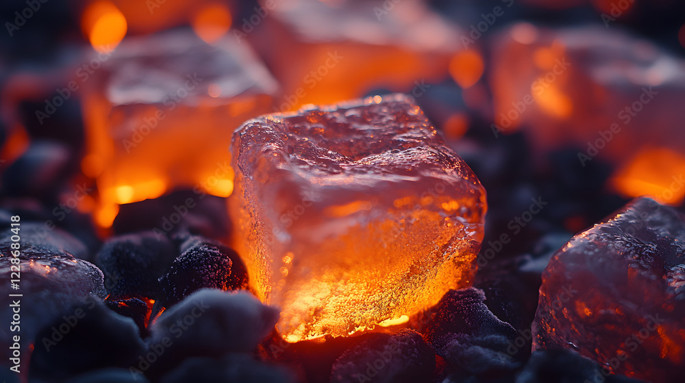 Poster glowing ice cubes resting on dark stones, illuminated by warm light, creating a striking contrast be
