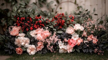 Romantic Floral Backdrop  Peach  Pink Roses  Berries  Wedding  Garden