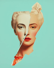 Marie Antoinette concept. Creative collage of the beautiful last queen of France using mix of different techniques. Close up portrait. Avant-garde postcard, poster style