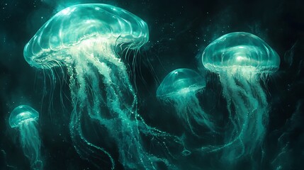 Ethereal bioluminescent jellyfish gracefully drift in dark ocean depths. AI Generated