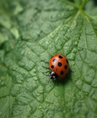 Ladybug larva crawling on a smooth green leaf surface , leaf, ladybug