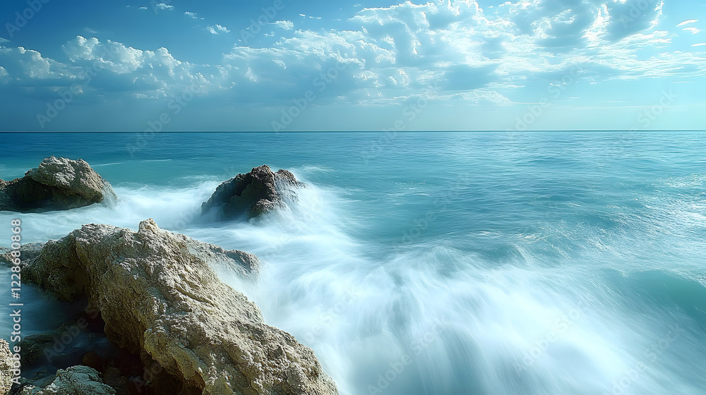 Poster serene ocean waves gently crash against rocky shore under a bright sky with scattered clouds