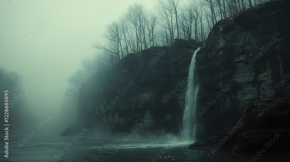 Poster misty waterfall cascading down a rocky cliff surrounded by sparse trees in a serene, atmospheric lan