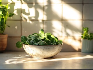 High-resolution shot of spinach leaves arranged in a small ceramic bowl, with the kitchen counter as a backdrop, illuminated by soft, natural sunlight