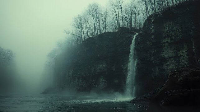 Misty waterfall cascading down a rocky cliff surrounded by sparse trees in a serene, atmospheric landscape