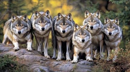 Majestic Wolf Pack in Autumn Woods