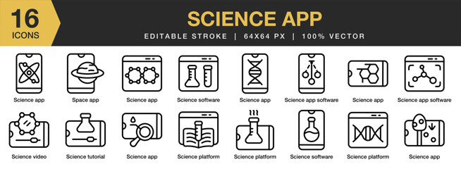 Science App icon set. Editable Stroke Icon Collection. Includes technology, science, app, data, network, and More. Outline icons vector collection.