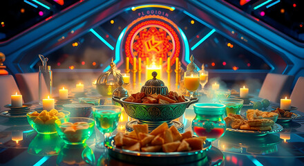 Obraz premium a dinning iftar table in ramadan ai
