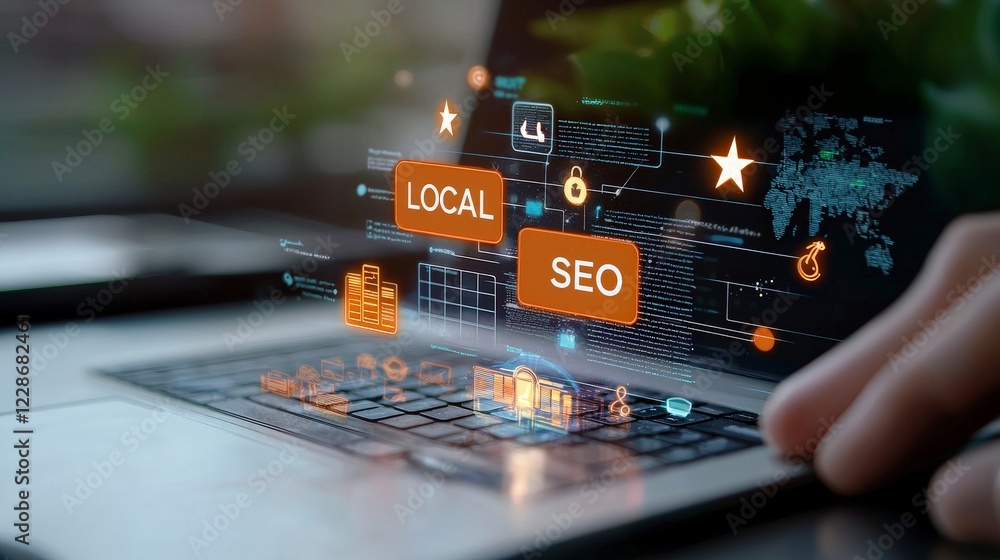 Poster engaging modern laptop displaying local seo concepts with graphic elements and data visualization