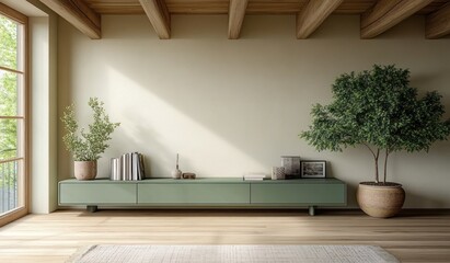 Modern Scandinavian Living Room Design with Green Sideboard and Natural Wood Beams