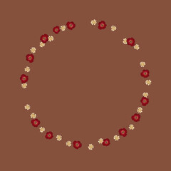 Round frame with realistic pressed dried flowers on brown background.