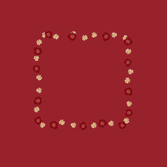 Realistic pressed dried flowers frame on red background.