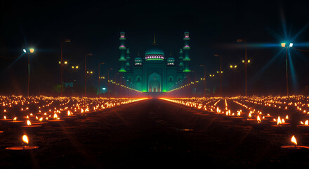  a mosque with handmade lanterns burning brightly at the corners of the road. The warm flames light up the scene, adding a serene and peaceful atmosphere to the setting.Ramadan Kareem