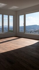Fototapeta premium Modern Empty Room Panoramic City View Sunlight Hardwood Floor