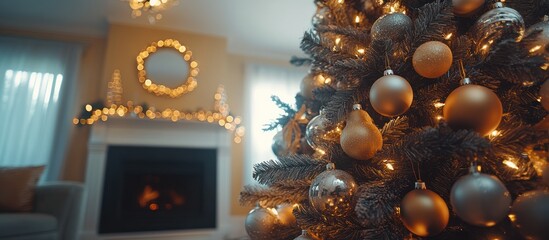 Fototapeta premium Close-up of a decorated Christmas tree in a cozy living room with a fireplace.