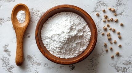 A wooden bowl filled with white powder, accompanied by a spoon and seeds.