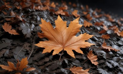 Oak leaf ablaze on a bed of dry leaves and cold darkness, burnt foliage, blazing oak leaf