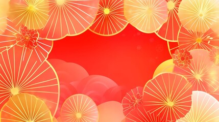 Festive Red Gold Umbrellas Floral Chinese Design