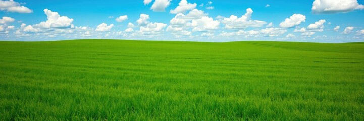 Fototapeta premium Open fields of emerald green stretched out as far as the eye could see under a brilliant blue sky with puffy white clouds gently drifting by, green meadow, nature, serene scene