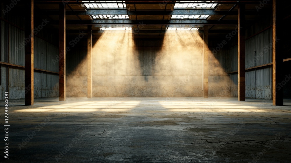 Poster sunlight illuminating empty industrial space with dust particles and subtle shadows on floor