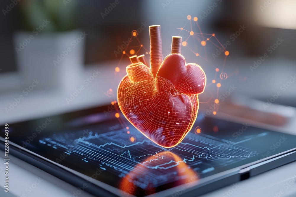Poster heart model visualization on tablet screen with digital data analysis in modern healthcare environme