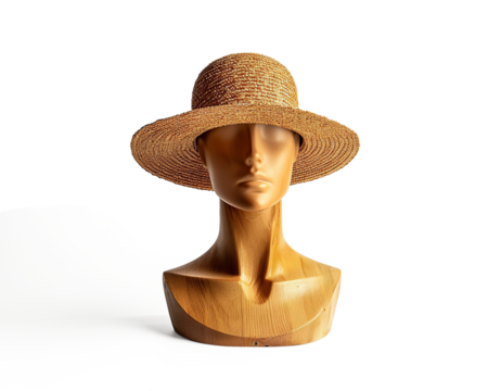 Straw hat on wooden mannequin head of woman on a transparent background