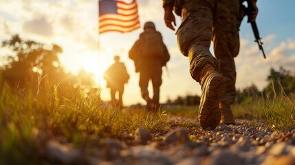 Soldiers Walking Together at Sunset with American Flag in Background on Gravel Path Through Green Grass