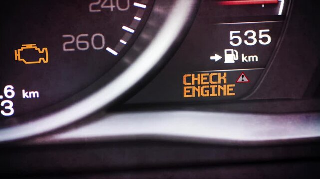 Interior of a modern car and a Check Engine warning light